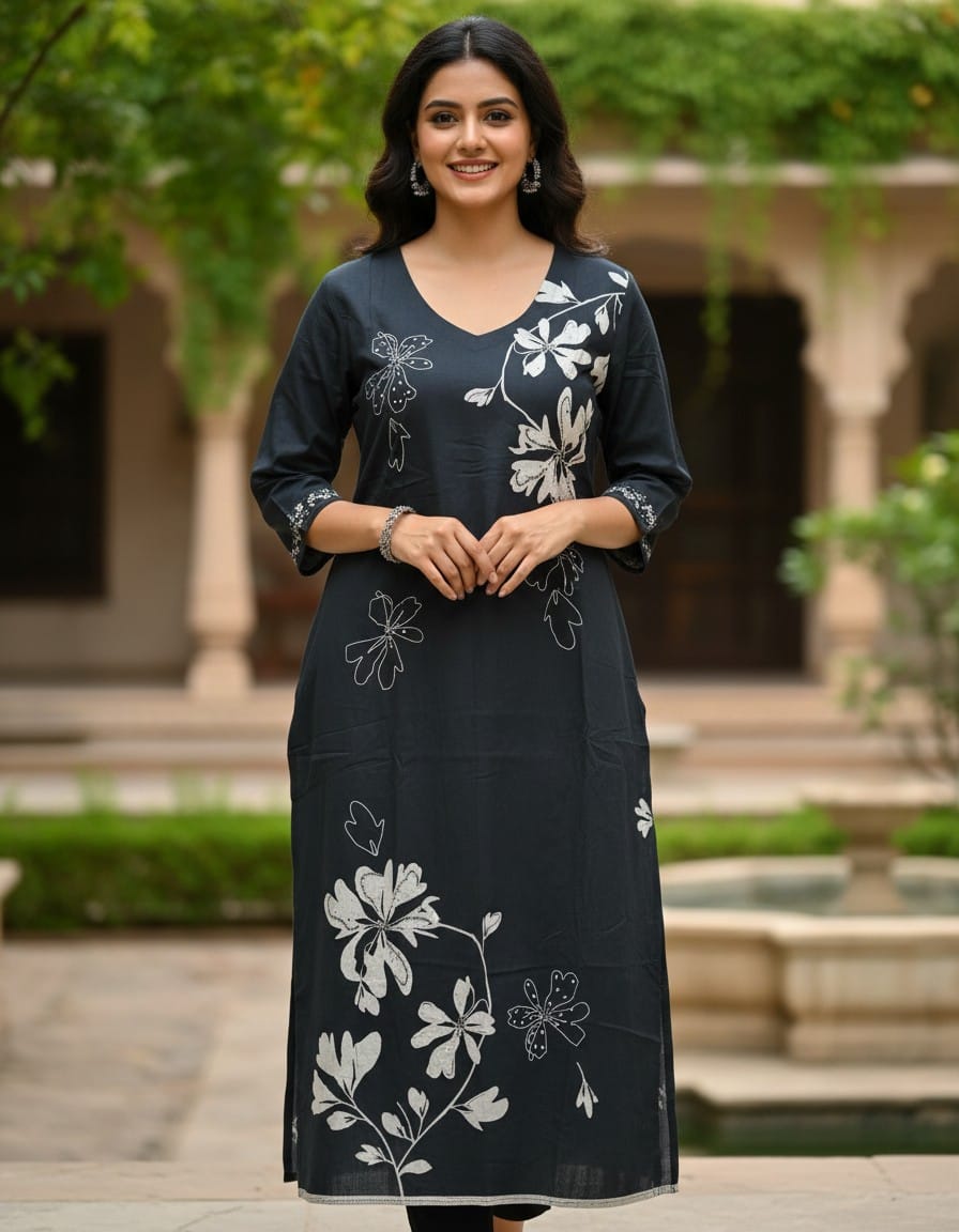 Black Cotton With Cream Flower