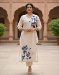 Cream Cotton With Royal Blue Flower