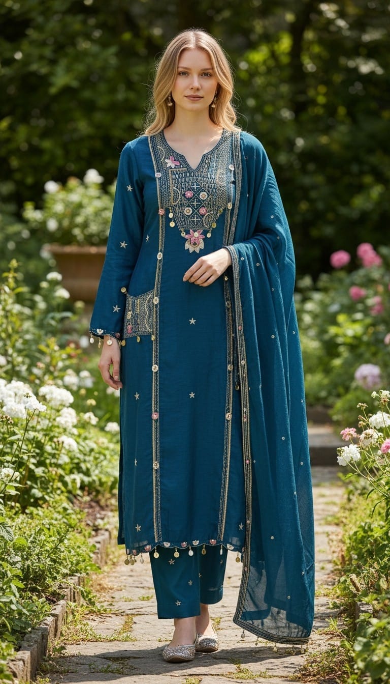 Designer three-piece set with heavy handwork.