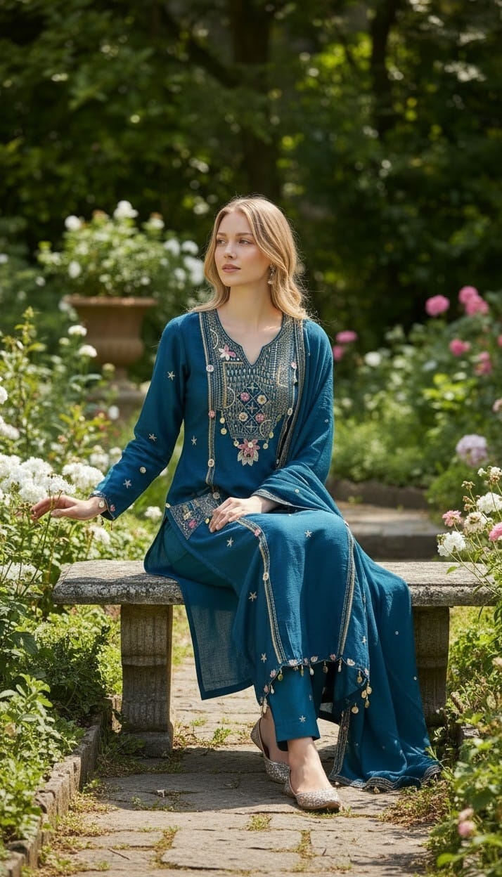 Designer three-piece set with heavy handwork.
