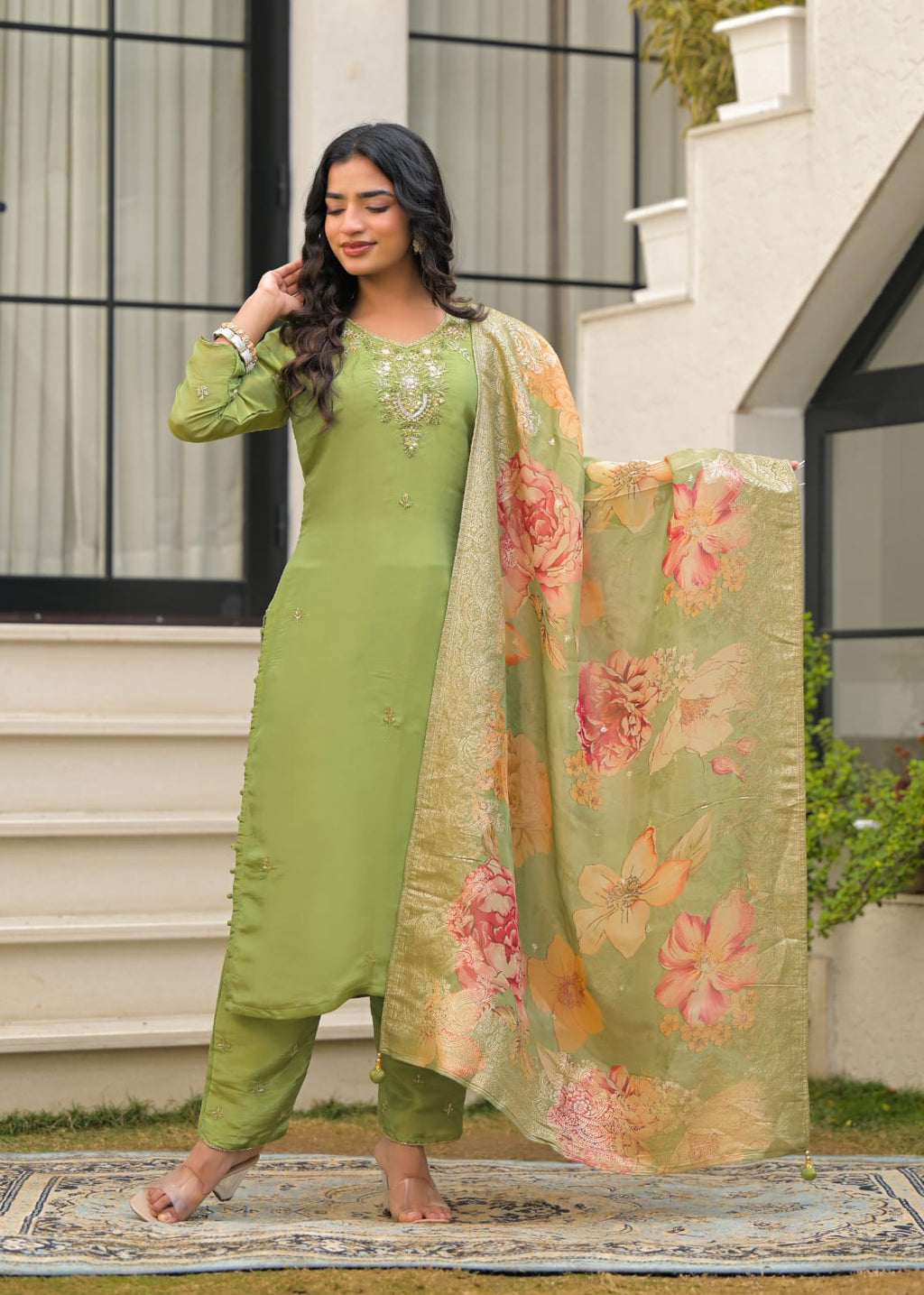 Green Tissue Shimer With Floral Dupatta