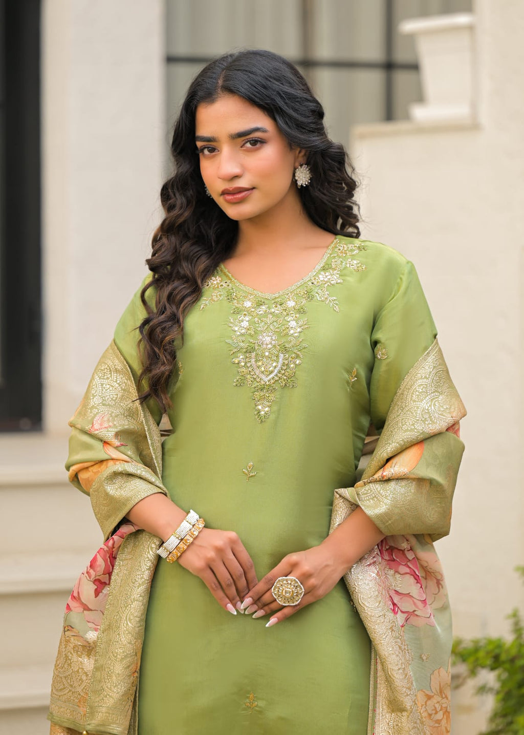 Green Tissue Shimer With Floral Dupatta
