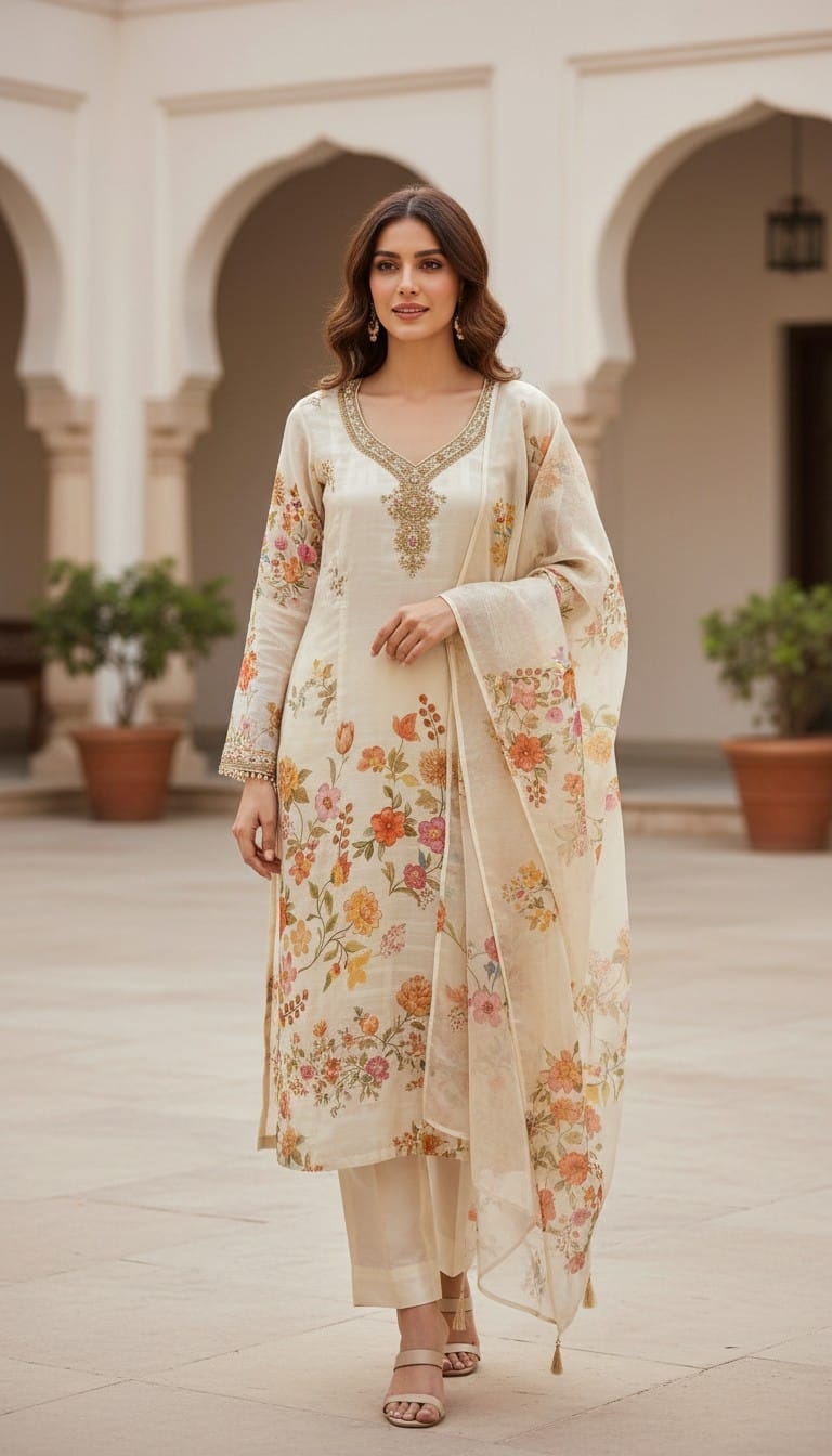 Ivory kurta set featuring pink and gold embroidery