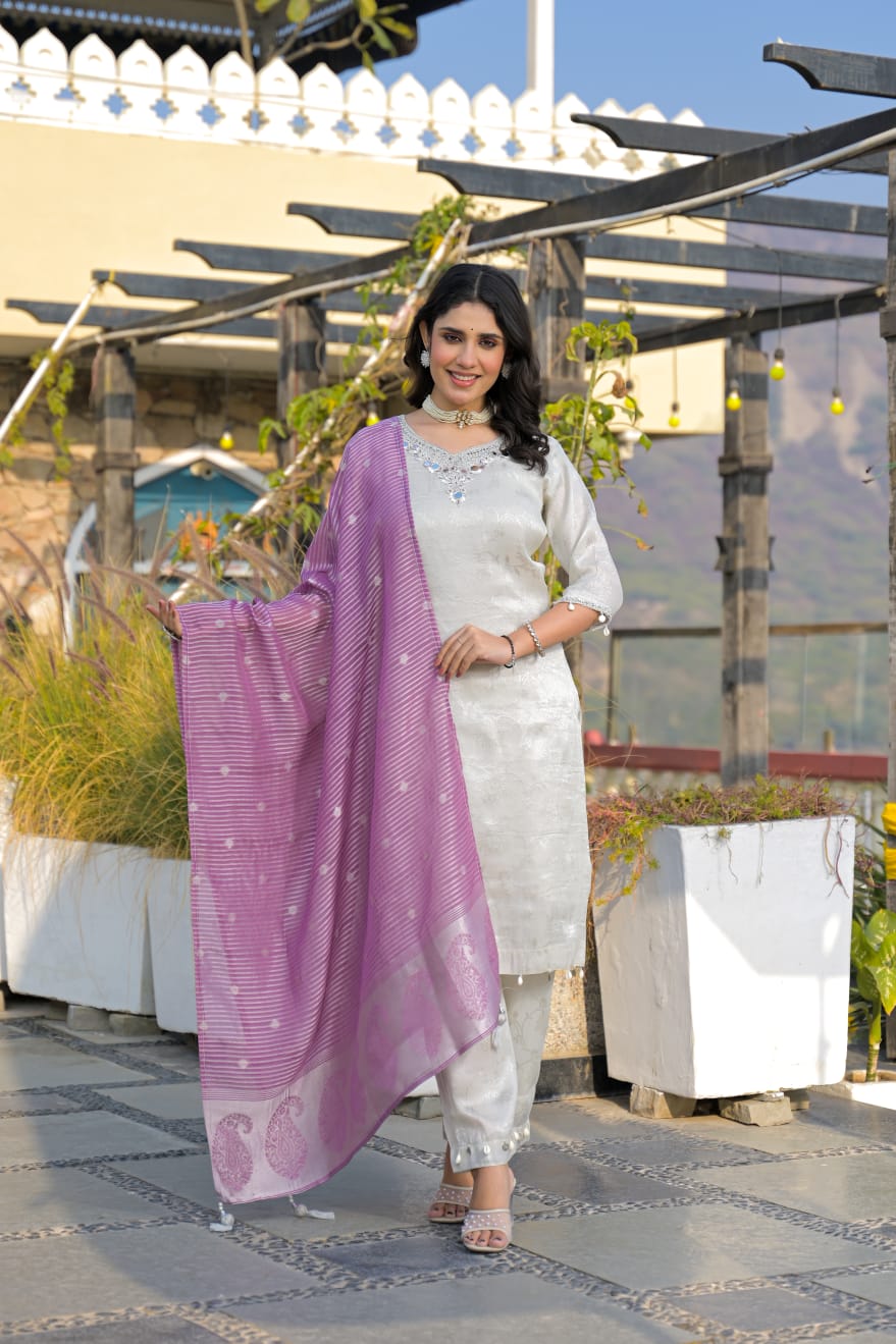 Ivory Silver And Purple Pure Jacquard With Hand Work