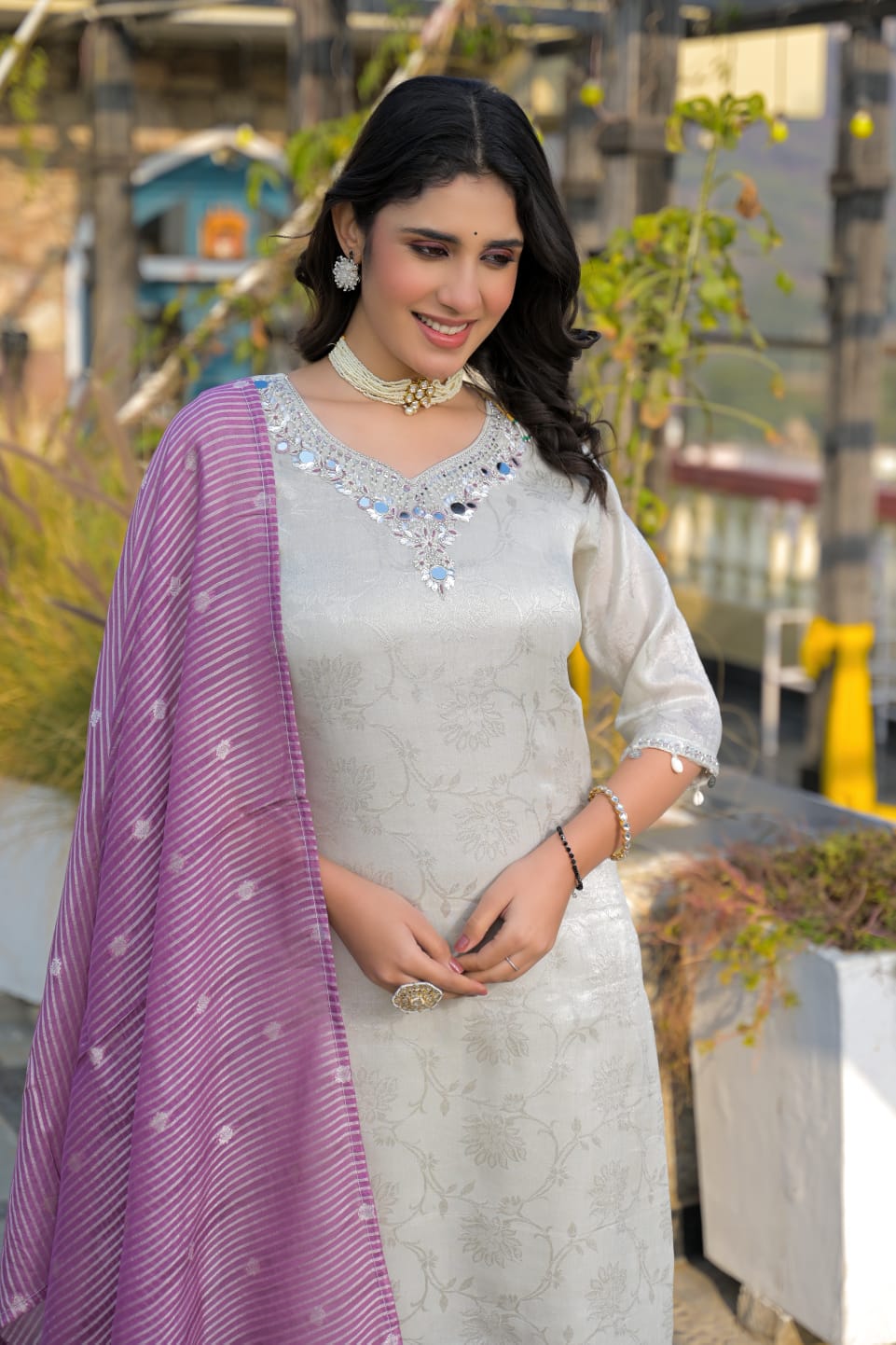 Ivory Silver And Purple Pure Jacquard With Hand Work