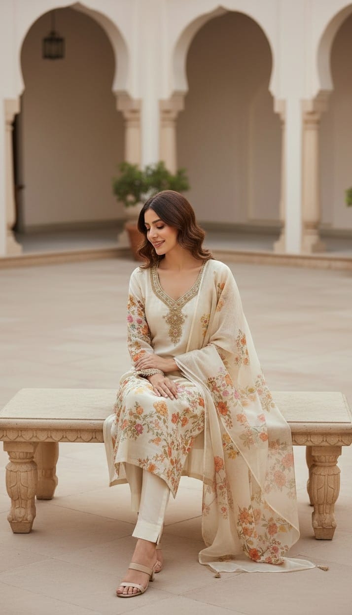 Ivory kurta set featuring pink and gold embroidery