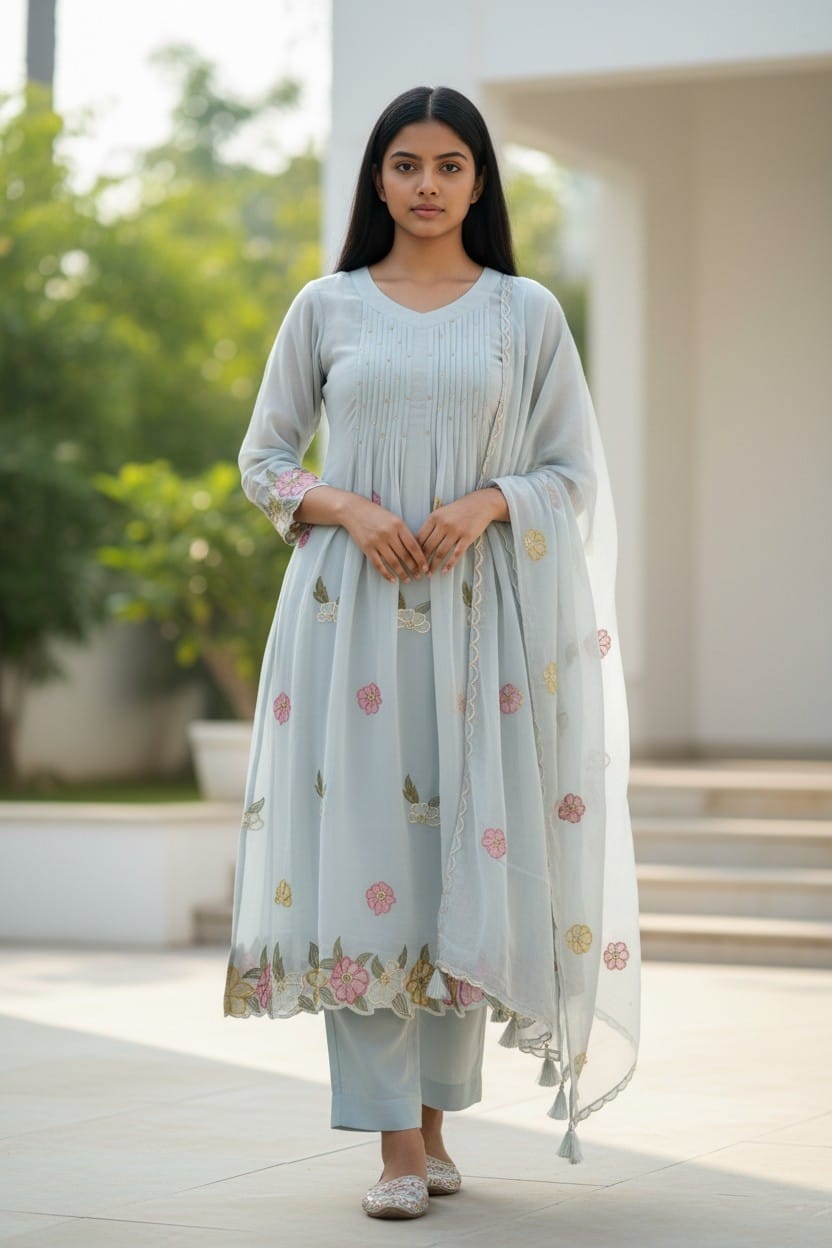 Light grey kurta set featuring floral thread embroidery