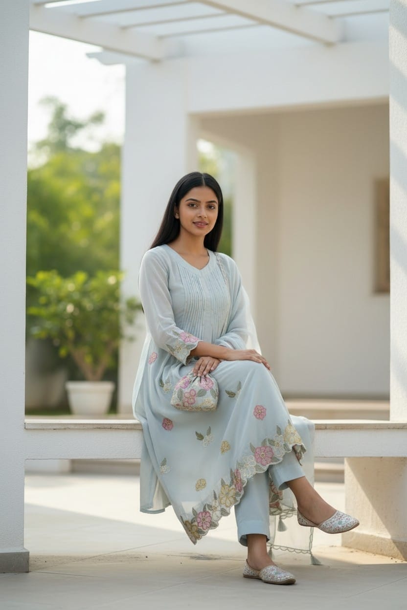Light grey kurta set featuring floral thread embroidery