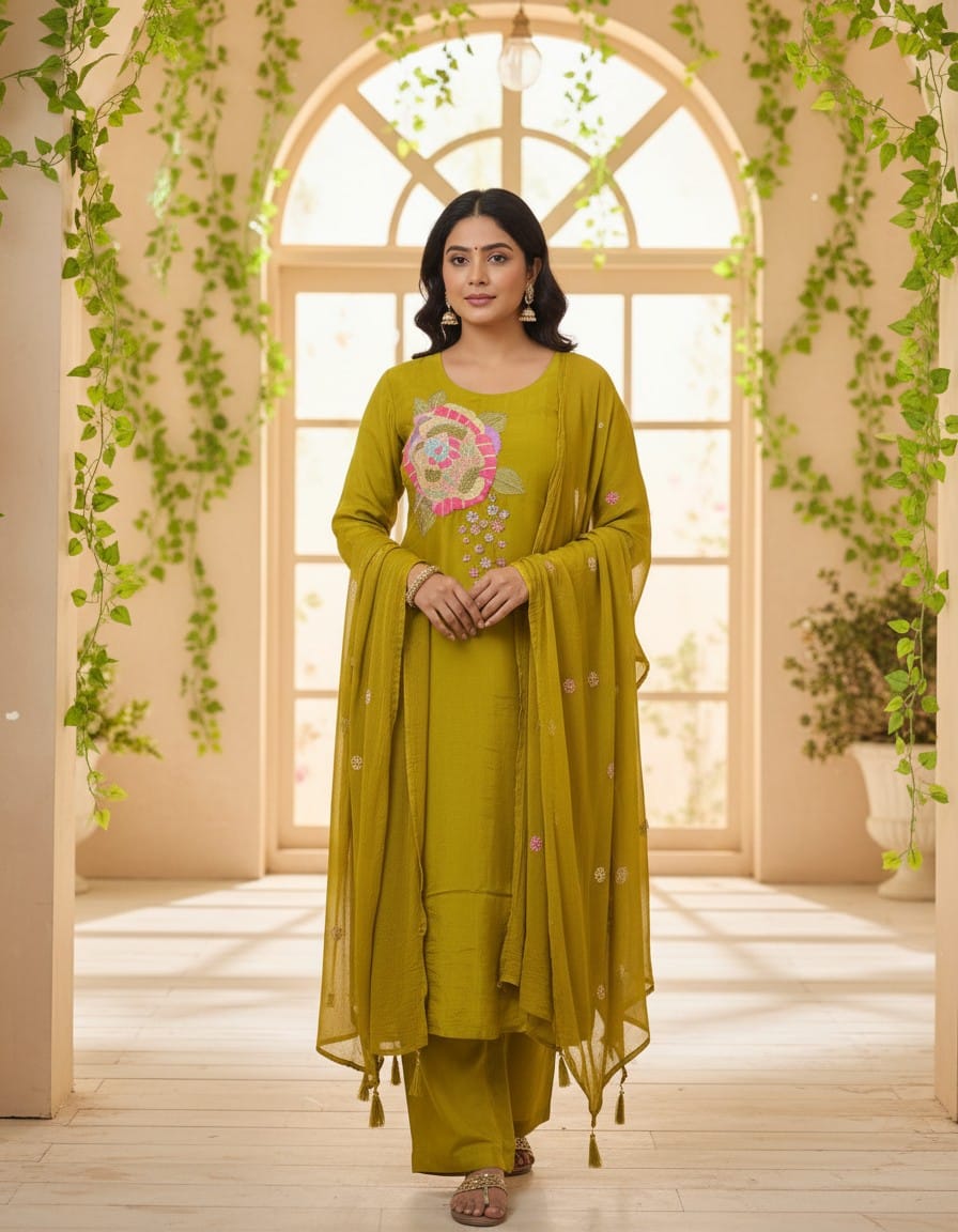 Mendhi Green Pure Organza With Hand Work
