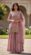Sharara set embroidered with golden handwork in tissue fabric