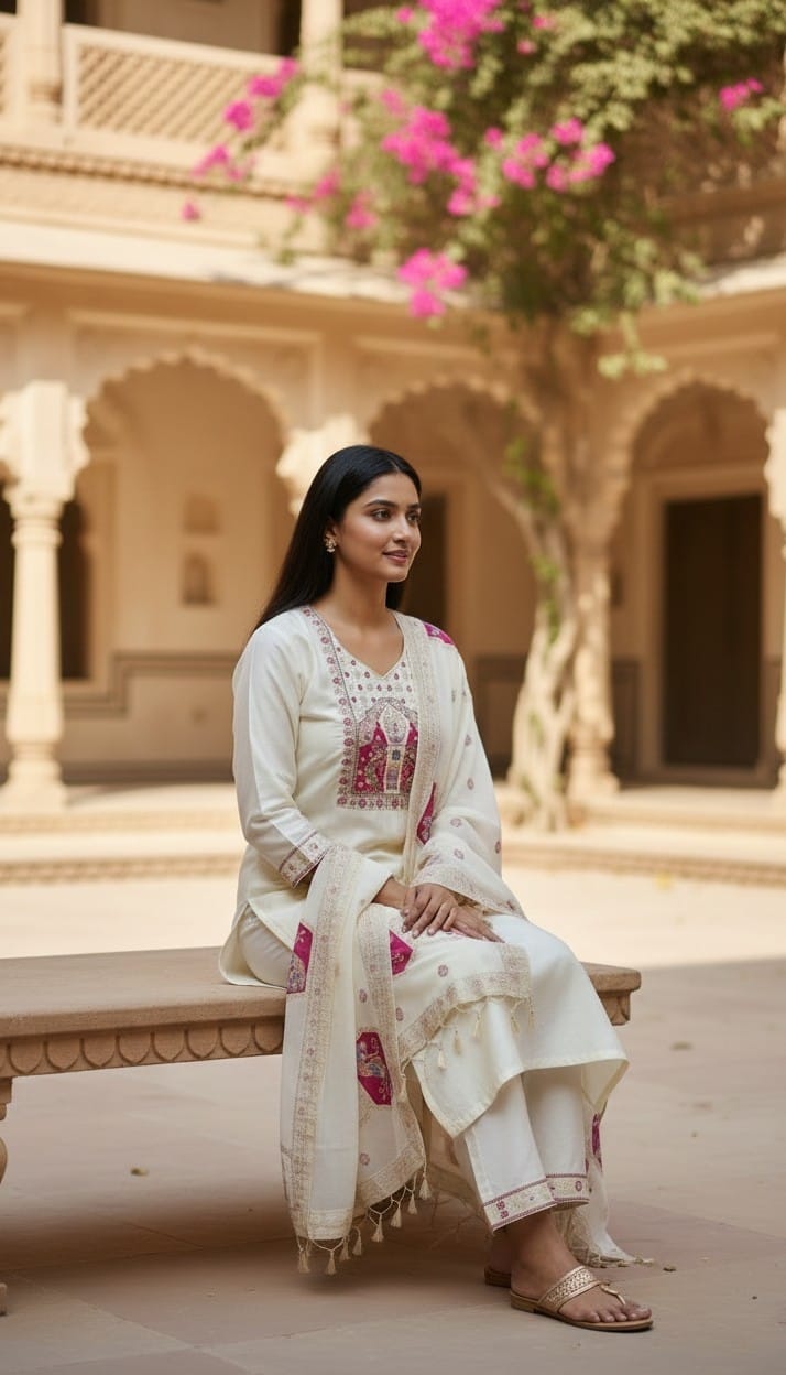 White festive wear featuring detailed peacock embroidery