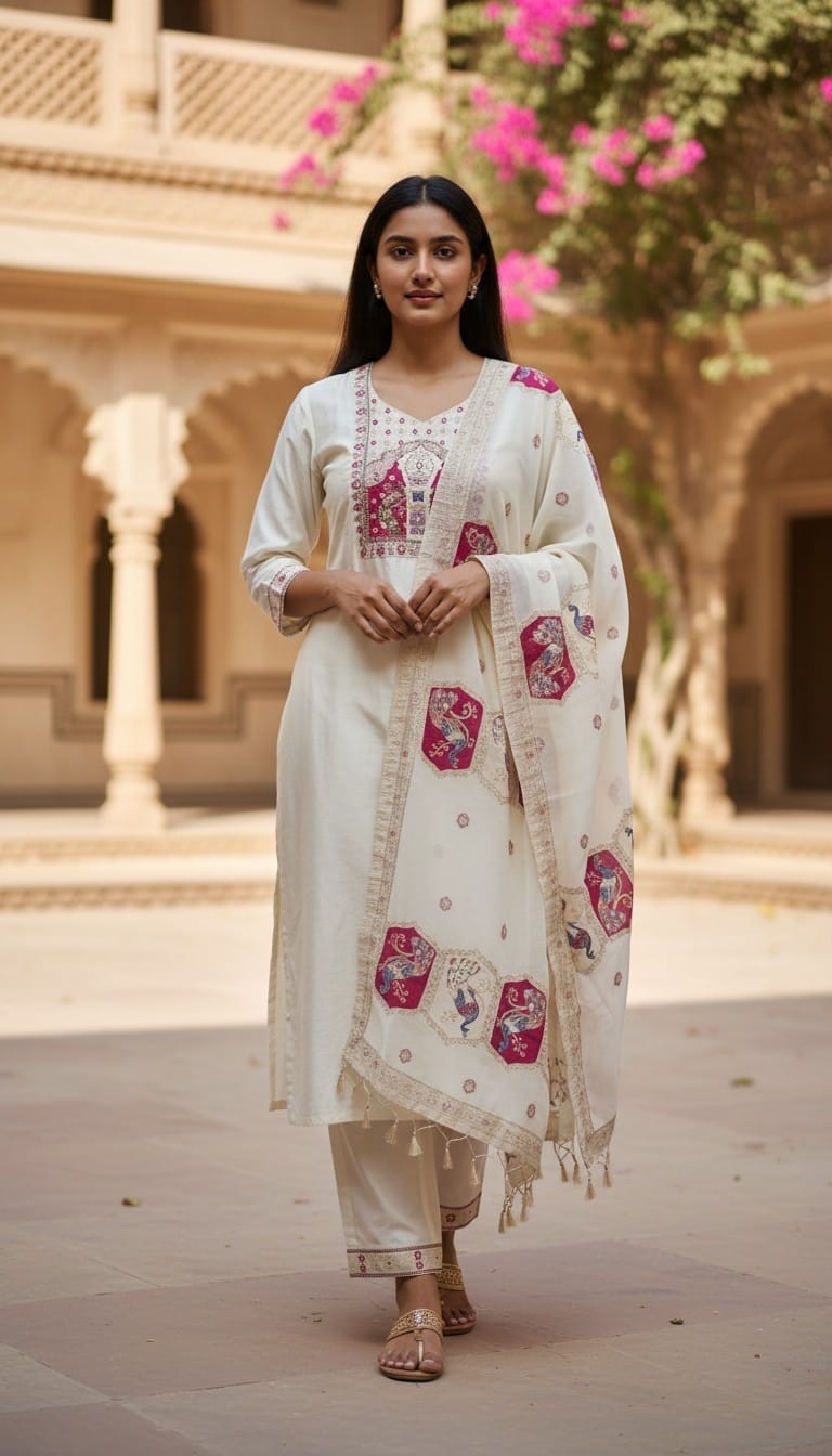 White festive wear featuring detailed peacock embroidery
