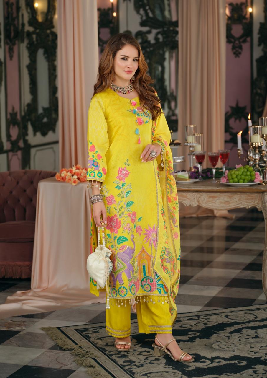 Yellow Crepe With Beautiful Color Print