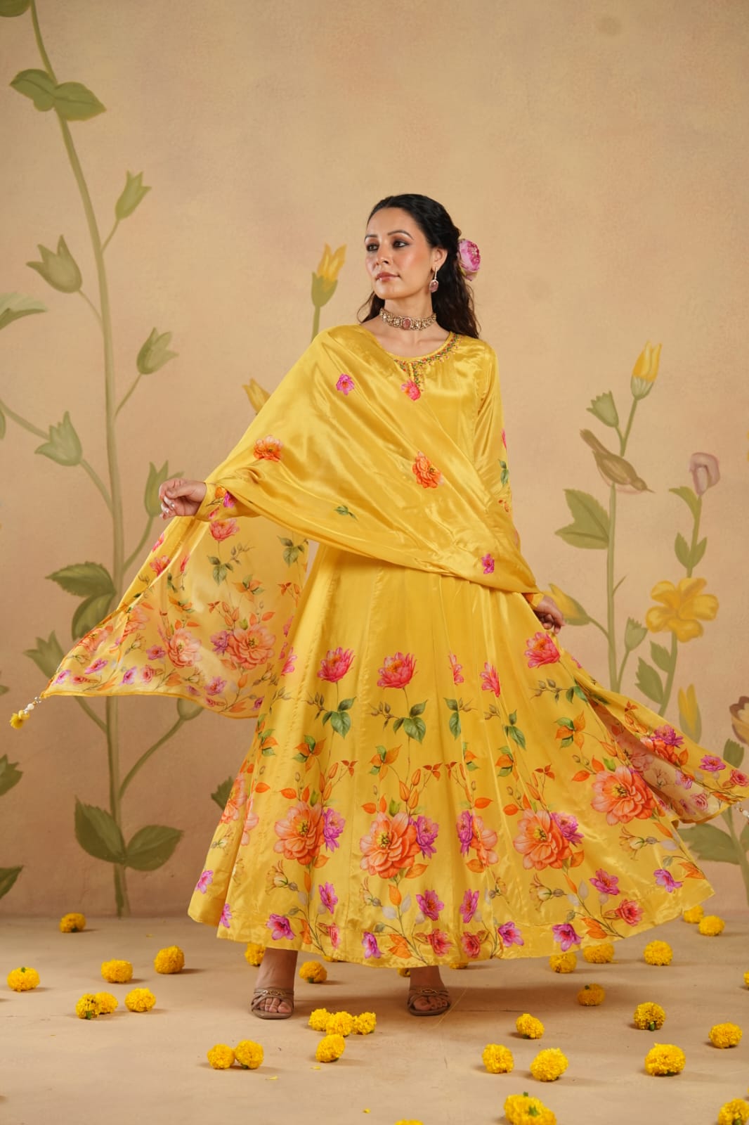 Yellow Floral Anarkali With Hand Work