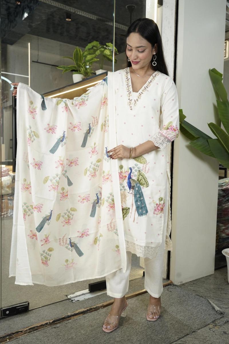 White Semi Formal Suite  With Peacock Embroidery