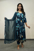 Royal Blue Floral With Shiffon Dupatta