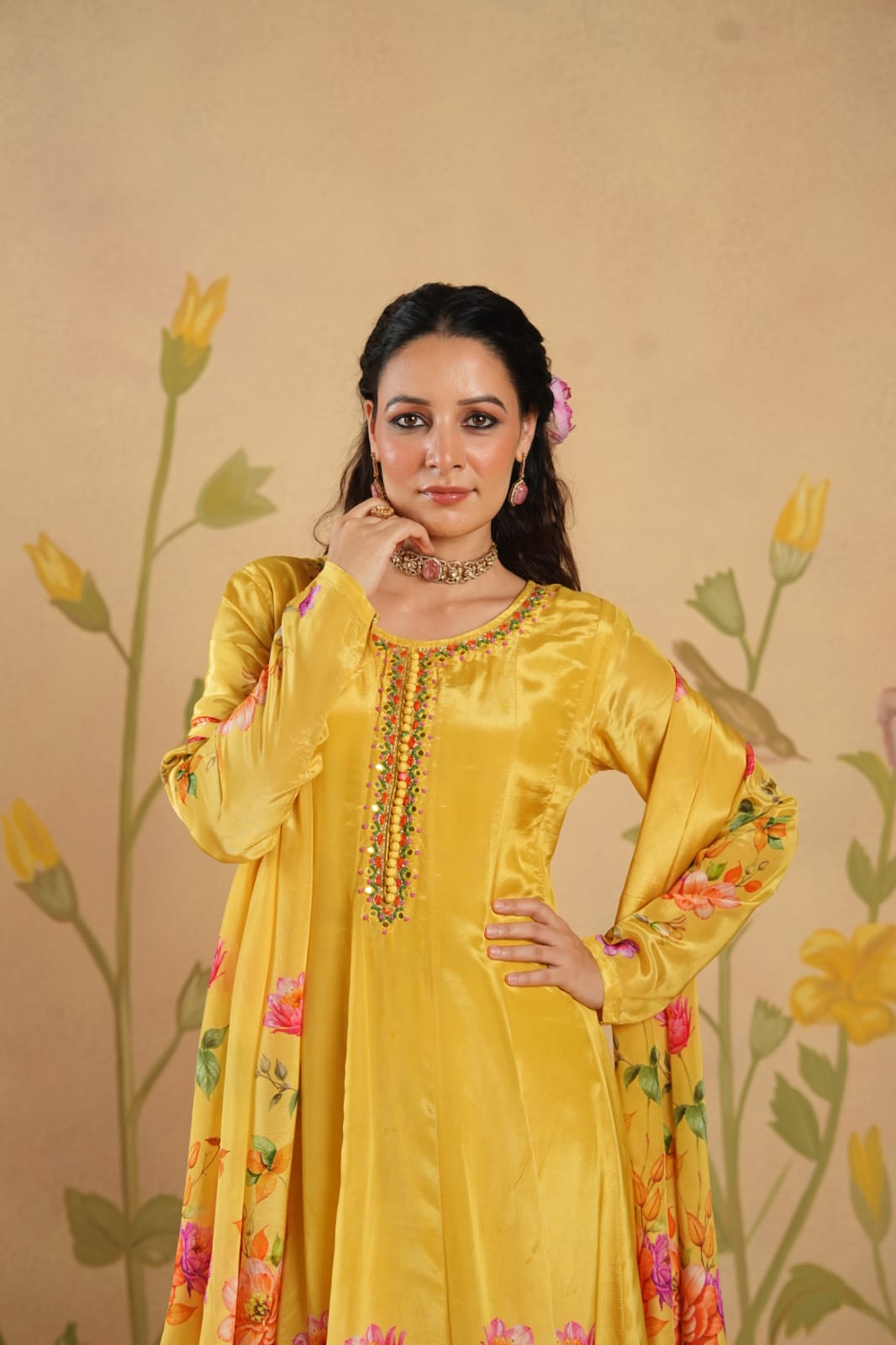 Yellow Floral Anarkali With Hand Work